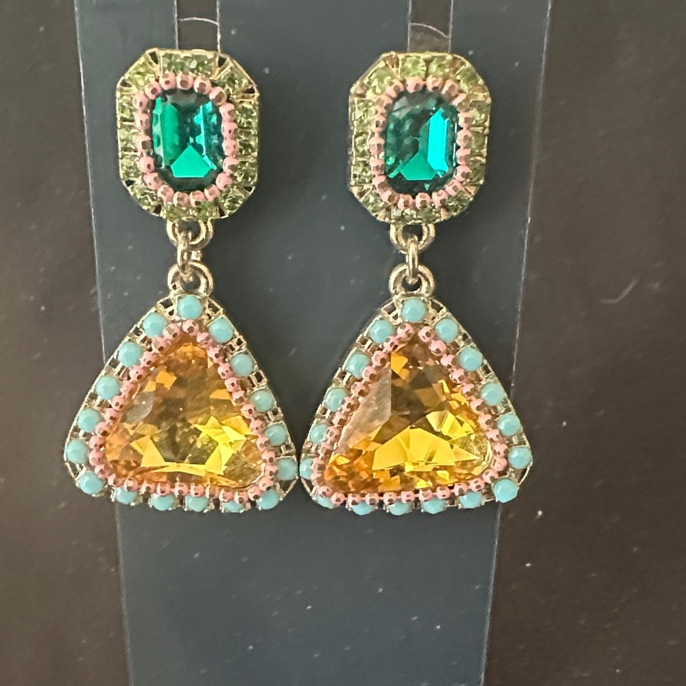 Vintage-Style Gold Drop Earrings with Yellow and Turquoise costume crystals.